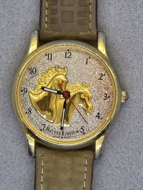 Vintage Nature Kingdom Gold Horse Head Dial Watch New Battery Orig Leather Band